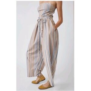 Free People Roaming Shores Jumpsuit Striped Strapless Wide Leg Cotton Sz S Beach